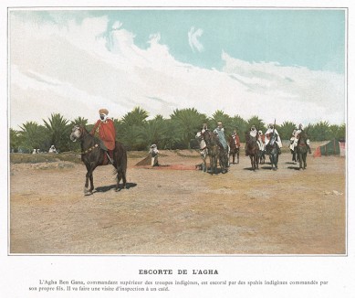 Спаги французского африканского корпуса сопровождают племенного вождя. L'Album militaire. Livraison №15. Armée d'Afrique: Spahis. Париж, 1890