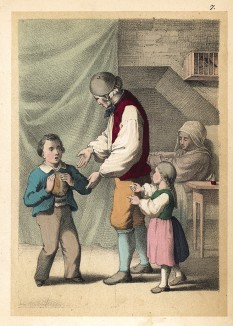 Бедный мальчик Роберт украл хлеб для своей голодной семьи, но его мучила совесть. Гравюра из детской книги "Bright Pictures from Child Life", Бостон, 1857