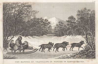 Способ путешествия зимой на Камчатке. Лист из "The Manners and Customs of All Nations", Лондон, 1827 год