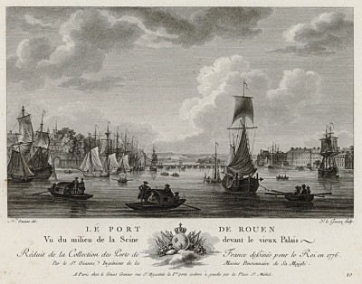 Вид с корабля на Сену, разделяющую Руан (лист 10 из альбома гравюр Nouvelles vues perspectives des ports de France..., изданного в Париже в 1791 году)