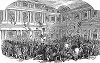 Резиденция герцогов Орлеанских дворец Пале--Рояль, окружённый толпой разгневанных парижан во время буржуазно--демократической Революции 1848 года во Франции, свергнувшей короля Луи--Филиппа I (The Illustrated London News №305&306 от 04/03/1848 г.)