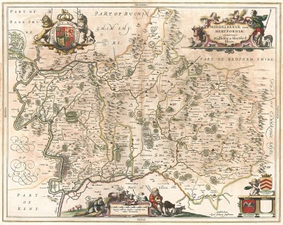 Карта графств Миддлсекс (поглощено Большим Лондоном в XIX в.) и Хартфордшир. Middelsexiae cum Hertfordiae comitatu Midlefex & Hertfordshire. В левом нижнем углу Вестминстер. Составил Ян Янсониус. Амстердам, 1646