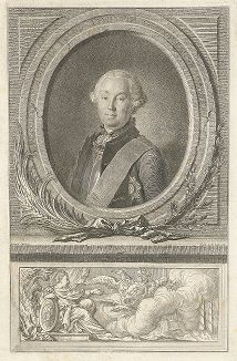 Граф Григорий Григорьевич Орлов (1734-1783) - генерал-фельдцейхмейстер и фаворит Екатерины II. Гравюра Е. Чемесова по оригиналу П. Ротари.