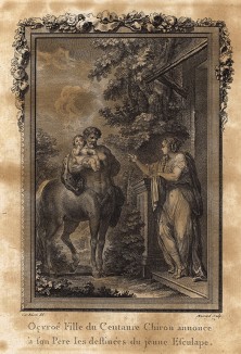 Окирроя (Гиппа) -- дочь кентавра Хирона -- предсказывает божественность юному Эскулапу (Асклепию) (гравюра из первого тома знаменитой поэмы "Метаморфозы" древнеримского поэта Публия Овидия Назона. Париж, 1767 год)