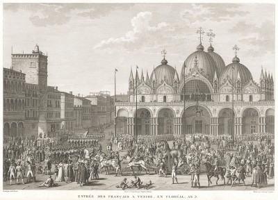Французы вывозят из Венеции коней Святого Марка 16 мая 1797 года. Гравюра из альбома "Военные кампании Франции времён Консульства и Империи". Campagnes des francais sous le Consulat et l'Empire. Париж, 1834