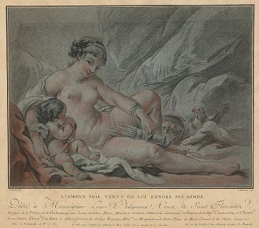 Амур с Венерой, вооружающей его. Гравюра Луи-Марена Бонне по рисунку Франсуа Буше, 1768 год. 