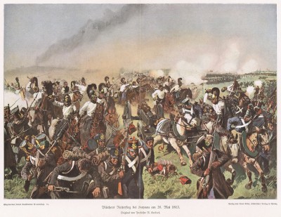 Атака прусской кавалерии генерал-лейтенанта Блюхера на позиции французов в сражении при Гайнау 26 мая 1813 г. Илл. Рихарда Кнотеля, Die Deutschen Befreiungskriege 1806-1815. Берлин, 1901