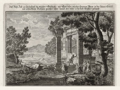 Дьявол искушает праведного Иова (из Biblisches Engel- und Kunstwerk -- шедевра германского барокко. Гравировал неподражаемый Иоганн Ульрих Краусс в Аугсбурге в 1700 году)