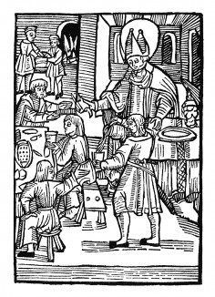 Святой Вольфганг раздает хлеб голодным. Из "Жития Святого Вольфганга" (Das Leben S. Wolfgangs) неизвестного немецкого мастера. Издал Johann Weyssenburger, Ландсхут, 1515