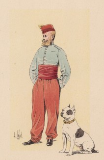 Офицер егерей французского африканского корпуса со своей собакой в 1890-е годы. "Иллюстрированная история верховой езды", Париж, 1891