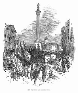Демонстрация на Чаринг--Кросс в Лондоне в поддержку законов о мореплавании, принятых правительством Британской империи в 1848 г. (The Illustrated London News №302 от 12/02/1848 г.)