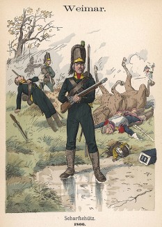 Униформа прусского егеря в 1806 г. Uniformenkunde Рихарда Кнотеля, л.42. Ратенау (Германия), 1890