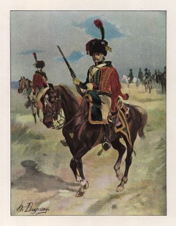 Конный егерь в парадной форме (иллюстрация к работе "Императоская Гвардия в 1804--1815 гг." Париж. 1901 год. (экземпляр № 303 из 606 принадлежал голландскому генералу H. J. Sharp (1874 -- 1957))
