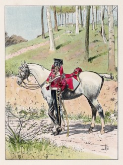 Горнист 3-го полка гвардейских улан в полевой форме образца 1812 года (иллюстрация к работе "Императоская Гвардия в 1804--1815 гг." Париж. 1901 год. (экземпляр № 303 из 606 принадлежал голландскому генералу H. J. Sharp (1874 -- 1957))