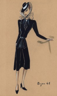 Костюм чёрной шерсти Bijou 41 из коллекции осень-зима 1942-43 года парижского дизайнера Мари-Луиз Брюйер (собственноручная гуашь автора). Уникальный документ истории моды времен Второй мировой войны