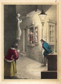 Дети отдали свой хлеб бедному мальчику. Гравюра из детской книги "Bright Pictures from Child Life", Бостон, 1857
