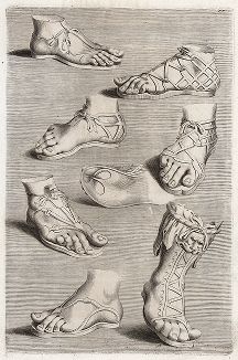 Обувь античной скульптуры. Лист из Sculpturae veteris admiranda ... Иоахима фон Зандрарта, Нюрнберг, 1680 год. 