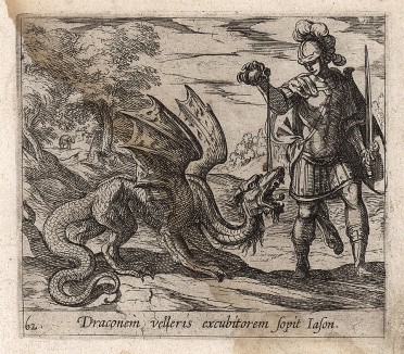 Ясон льет сонное зелье в пасть дракона. Гравировал Антонио Темпеста для своей знаменитой серии "Метаморфозы" Овидия, л.62. Амстердам, 1606