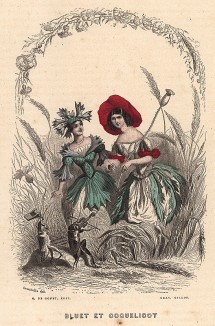 Нежный Василек и скромный Мак вышли на прогулку и встретили сверчка и кузнечика, играющих веселую мелодию. Les Fleurs Animées par J.-J Grandville. Париж, 1847