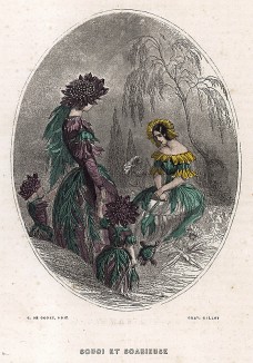 Взгрустнувие Календула и Скабиоза с детками. Les Fleurs Animées par J.-J Grandville. Париж, 1847