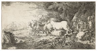 Животные, спешащие в Ноев ковчег. Офорт Джованни Кастильоне, 1655 год. 