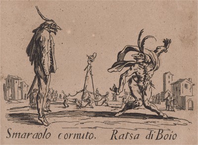Смараоло Корнуто и Раца ди Бойо (Smaraolo cornuto - Ratsa di Boio). Из цикла офортов конца 19 века, выполненного по серии гравюр Жака Калло "Balli Di Sfessania" (Танцы беззадых (бескостных)), в которой он изобразил персонажей итальянской "Комедии дель Арт