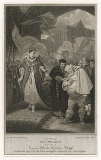 Иллюстрация к исторической хронике Шекспира "Генрих IV, часть 2", акт V, сцена V: Только что коронованный король Генрих V изгоняет сэра Джона Фальстафа. Boydell's Graphic Illustrations of the Dramatic works of Shakspeare, Лондон, 1803.
