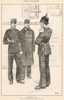 Солдаты и офицер шведской лейб-гвардии в униформе образца 1900 г. Svenska arméns munderingar 1680-1905. Стокгольм, 1911