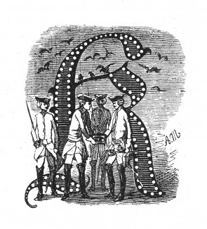 Инициал (буквица) K, предваряющий главу "Суд" книги Франца Кюглера "История Фридриха Великого". Рисовал Адольф Менцель. Лейпциг, 1842