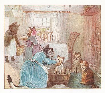 Миссис Табита отмывает котенка Тома. Иллюстрация Беатрис Поттер к "Сказке о пироге и Сэме-Усике" (The Roly-Poly Pudding), Нью-Йорк, 1908 год. 