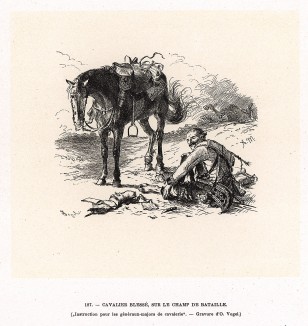 Раненый кавалерист на поле боя. Этот печальный эпизод солдатской жизни служит иллюстрацией к детальной «Инструкции генералам кавалерии», написанной лично прусским королем, где изложены правила дислокации кавалерийских частей и методы атаки.