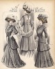 Английские дамские костюмы цвета стали, с горностаевым манто, боа или шляпой, декорированной розами, в качестве аксессуаров (Les grandes modes de Paris за 1907 год).