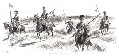 1815 год. Конные егеря сопровождают полк французской тяжёлой кавалерии (из Types et uniformes. L'armée françáise par Éduard Detaille. Париж. 1889 год)