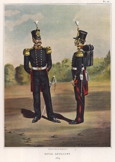Офицер и солдаты-артиллеристы, 1854 год (лист XX работы "История мундира королевской артиллерии в 1625--1897 годах", изданной в Париже в 1899 году)