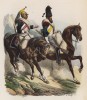 1809 год. Французские драгуны (справа -- драгун из сапёрной роты) (из популярной работы Histoire de l'empereur Napoléon (фр.), изданной в Париже в 1840 году с иллюстрациями Ораса Верне и Ипполита Белланжа)