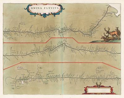 Карта течения реки Двина от Вологодской провинции до Архангельска. Dwina Fluvius. Составил Йоханес Блау. Амстердам, 1660 год.  