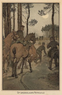 Пограничный патруль наблюдает за контрабандистами (Op Smokkelaars Patrouille - голл.). Из редкой брошюры, изданной военным ведомством нейтральной Голландии зимой 1915 года