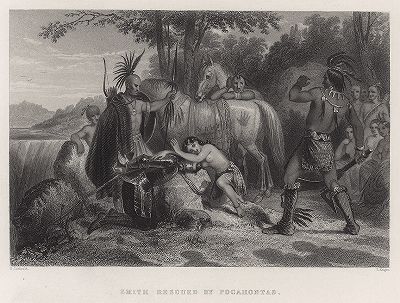Покахонтас спасает английского капитана Джона Смита, приговорённого индейцами к смерти в 1607 году. Gallery of Historical and Contemporary Portraits… Нью-Йорк, 1876