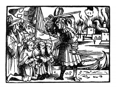 Рыцарь освобождает пленных. Иллюстрация Йорга Бреу Старшего к описанию путешествия на восток Лодовико ди Вартема: Ludovico Vartoman / Die Ritterliche Reise. Издал Johann Miller, Аугсбург, 1515