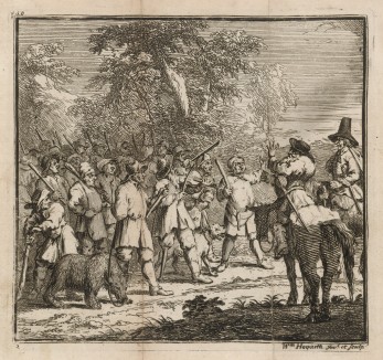Первое приключение Гудибраса. Сцена 1. Рыцарь-пуританин Гудибрас и Ральфо встречают крестьян, которые для забавы собираются травить медведя. Рыцарь и оруженосец, защищая животное, принимают бой. Иллюстрация к поэме «Гудибрас», Лондон, 1732
