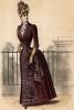 Яркий дамский городской костюм с пышной юбкой, широким поясом и жабо. Из французского модного журнала Le Coquet, выпуск 241, 1888 год