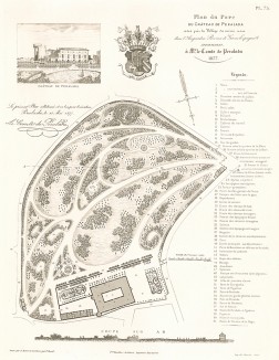 Замок Пералада в Испании. Общий план и вид парка. F.Duvillers, Les parcs et jardins, т.II, л.75. Париж, 1878