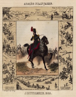 Конный артиллерист, а также миниатюры со сценами походной жизни французской конной артиллерии (из Esquisses historiques... de l'armée francaise генерала Амбера. Брюссель. 1841 год)