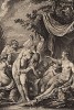 Богиня-охотница Артемида узнаёт о соблазнении Каллисто Зевсом (гравюра из первого тома знаменитой поэмы "Метаморфозы" древнеримского поэта Публия Овидия Назона. Париж, 1767 год.)