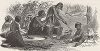 Индейцы готовят желудёвую кашу. Йосемити, штат Калифорния. Лист из издания "Picturesque America", т.I, Нью-Йорк, 1872.
