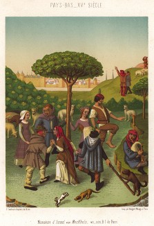 Праздничный танец крестьян вокруг пасхального дерева в Нидерландах (из Les arts somptuaires... Париж. 1858 год)