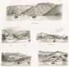 Виды Абхазии в 1843 году; Гагра (вверху), Сухум (в цетре справа) (лист IV второй части атласа к "Путешествию по Кавказу..." Фредерика Дюбуа де Монпере. Париж. 1843 год)