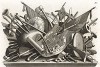 Билет на оплату «Похода в Финчли», 1761. Для продажи «Похода в Финчли» Хогарт выпускает билет с бравурной виньеткой, сложенной из атрибутов воинской славы вперемешку с «неуставными» предметами – топором, волынкой, ножницами и т.д. Геттинген, 1854