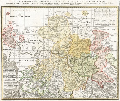 Город Виттенберг и течение реки Эльба. Regiae Celsitudini Sereniss principi Ac Dno Frider Christiano Leopolo Princ Pol et Lith Reg. Princ Elect. Ac Duci Sax Dno… Составил Иоганн Баптист Гомман. Нюрнберг, 1745