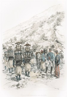 Стрелки французских колониальных войск на марше в 1885 году (из Types et uniformes. L'armée françáise par Éduard Detaille. Париж. 1889 год)